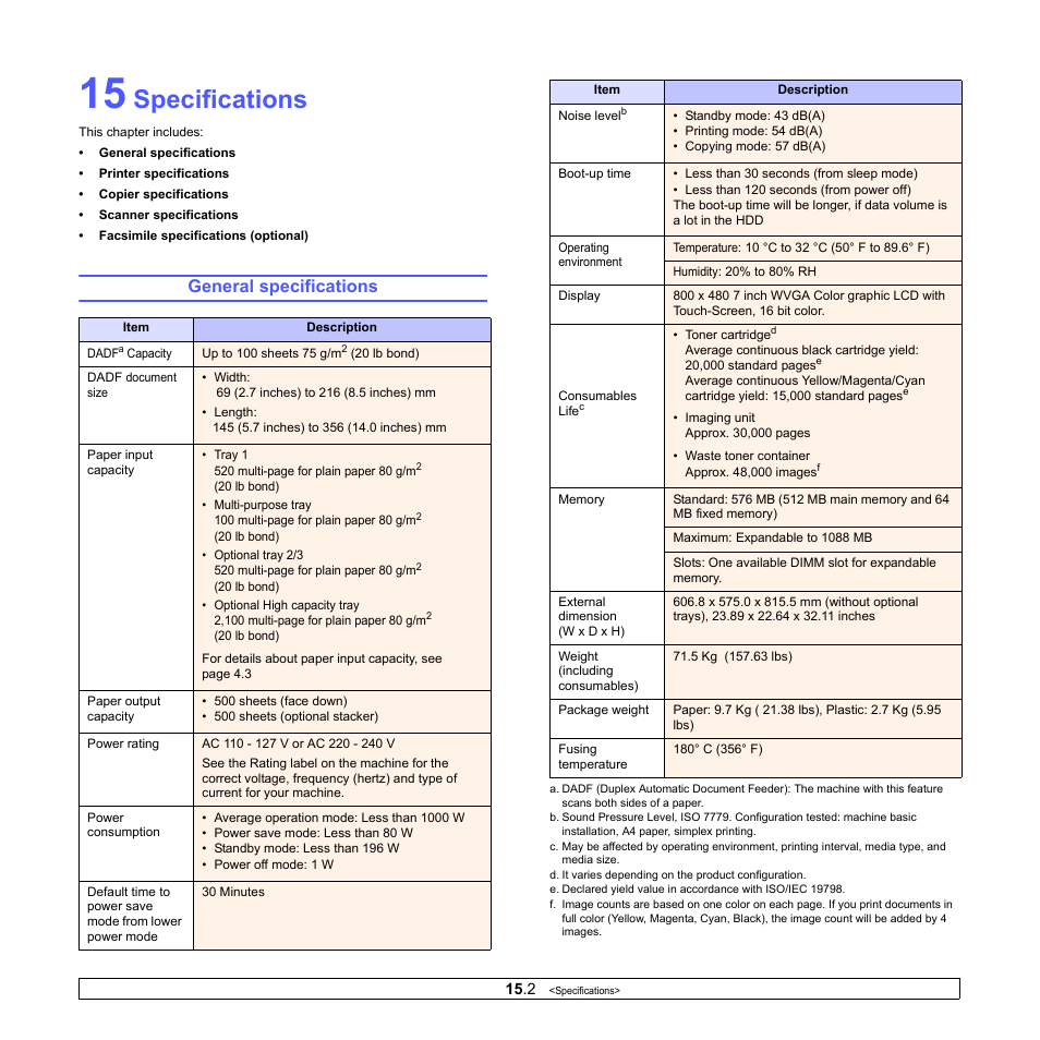 Specifications, General specifications | Samsung CLX-8380ND User Manual | Page 127 / 187