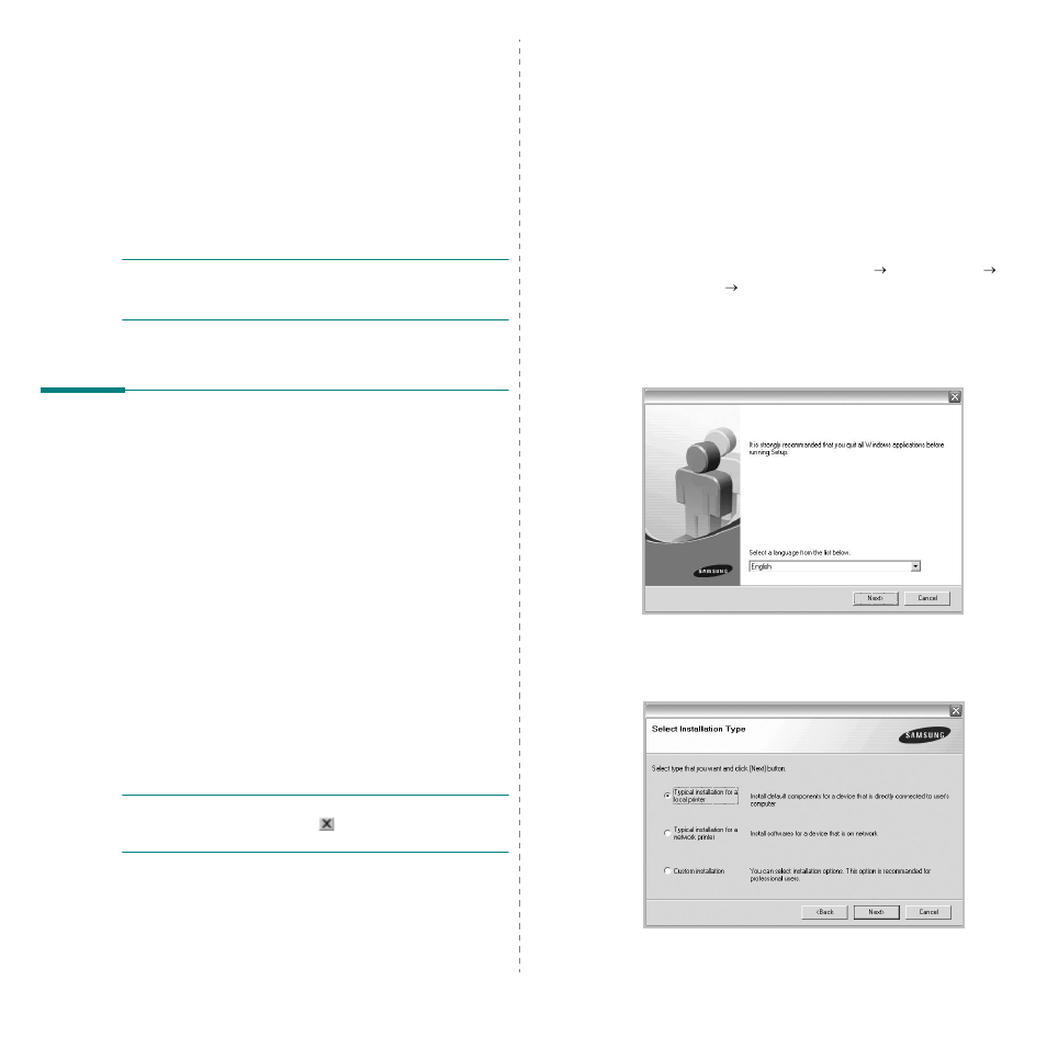 Installing printer software in windows, Installing printer software, Installing software for local printing | Chapter 1, Nstalling, Rinter, Oftware, Indows | Samsung CLX-8380ND User Manual | Page 142 / 187