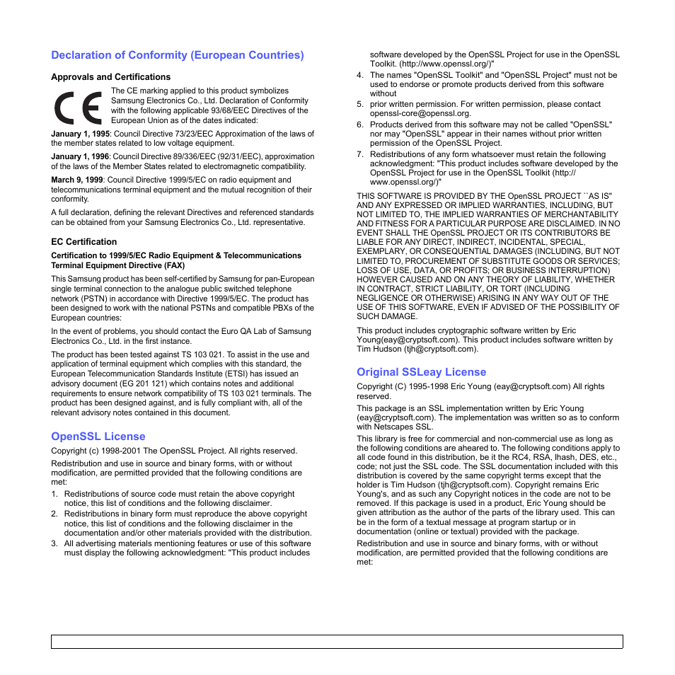 Declaration of conformity (european countries), Openssl license, Original ssleay license | Samsung CLX-8380ND User Manual | Page 15 / 187