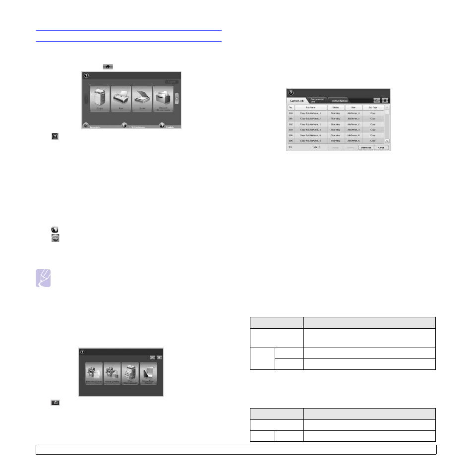 Introducing the touch screen and useful buttons, Touch screen, Machine setup button | Job status button, Power saver button, Interrupt button | Samsung CLX-8380ND User Manual | Page 22 / 187