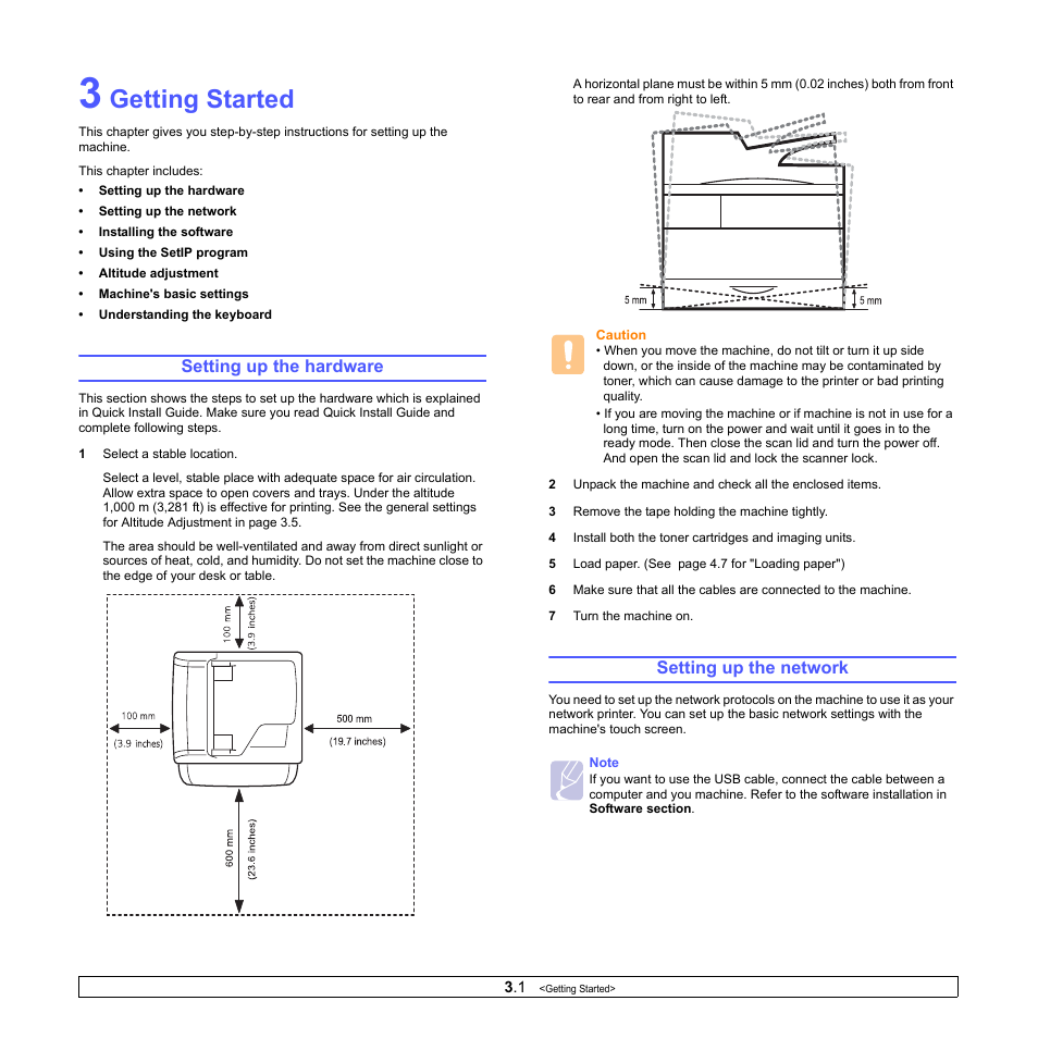 Getting started, Setting up the hardware, Setting up the network | Setting up the hardware setting up the network | Samsung CLX-8380ND User Manual | Page 28 / 187