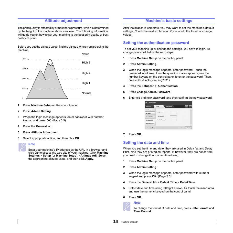 Altitude adjustment, Machine's basic settings, Setting the authentication password | Setting the date and time, Altitude adjustment machine's basic settings | Samsung CLX-8380ND User Manual | Page 32 / 187