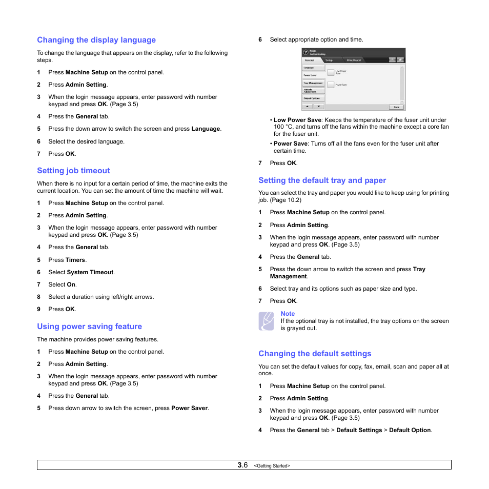 Changing the display language, Setting job timeout, Using power saving feature | Setting the default tray and paper, Changing the default settings | Samsung CLX-8380ND User Manual | Page 33 / 187