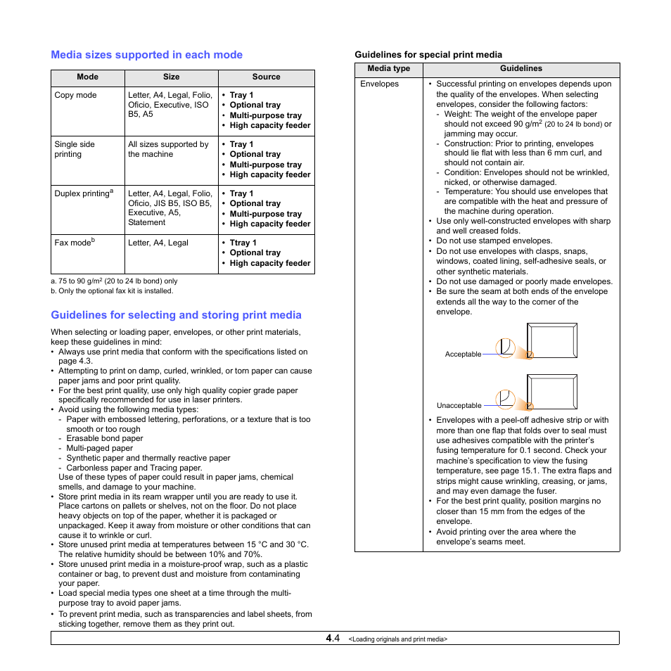 Media sizes supported in each mode, Guidelines for selecting and storing print media | Samsung CLX-8380ND User Manual | Page 38 / 187