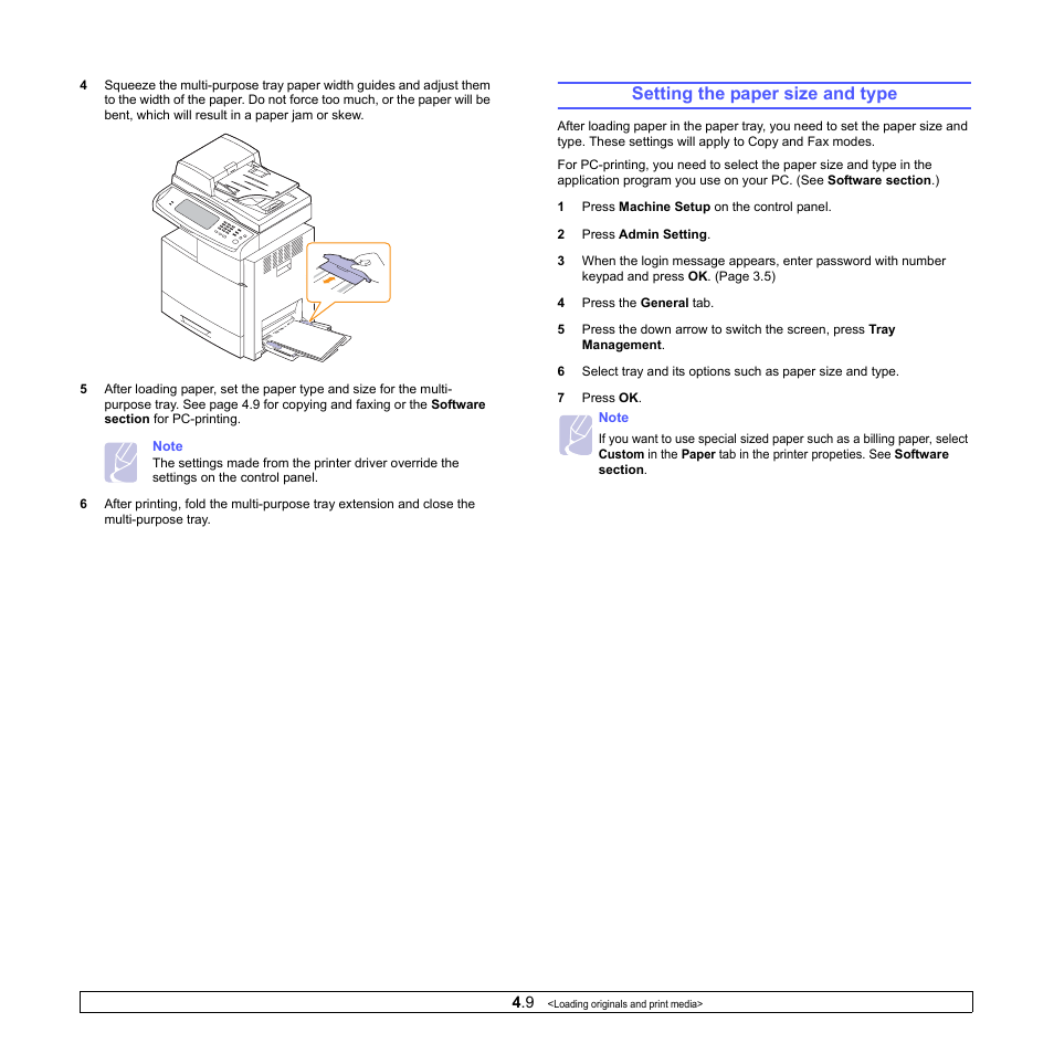 Setting the paper size and type | Samsung CLX-8380ND User Manual | Page 43 / 187