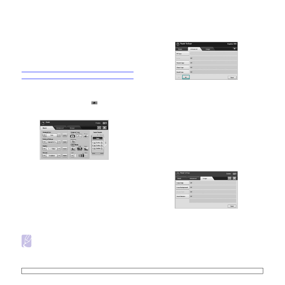 Copying, Understanding the copy screen, Basic tab | Advanced tab, Image tab, Basic tab advanced tab image tab | Samsung CLX-8380ND User Manual | Page 44 / 187