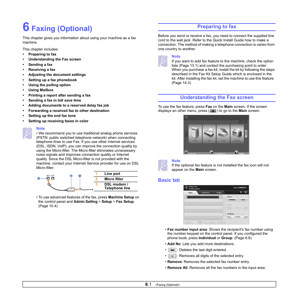 Faxing (optional), Preparing to fax, Understanding the fax screen | Basic tab, Preparing to fax understanding the fax screen | Samsung CLX-8380ND User Manual | Page 52 / 187