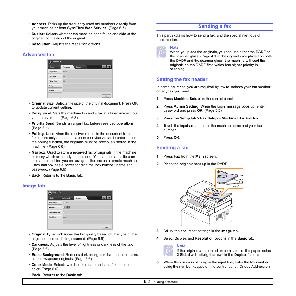 Advanced tab, Image tab, Sending a fax | Setting the fax header, Advanced tab image tab, Setting the fax header sending a fax | Samsung CLX-8380ND User Manual | Page 53 / 187