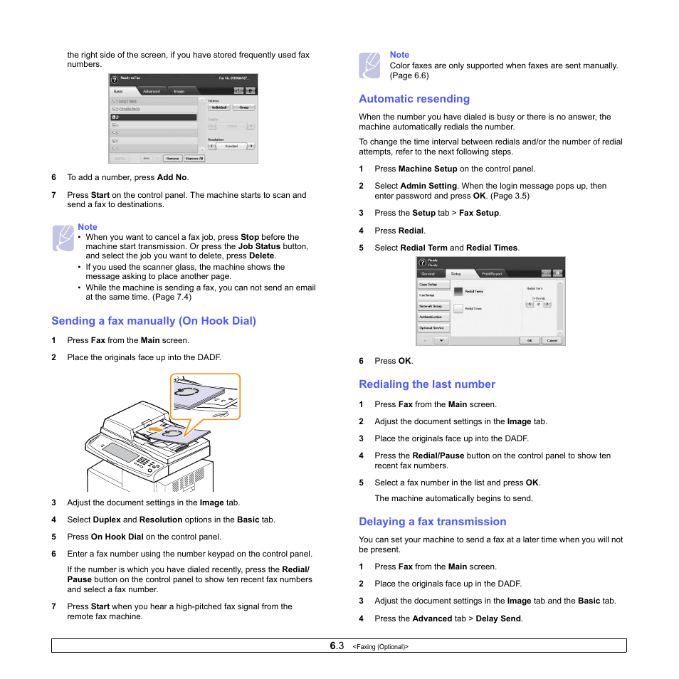 Sending a fax manually (on hook dial), Automatic resending, Redialing the last number | Delaying a fax transmission | Samsung CLX-8380ND User Manual | Page 54 / 187