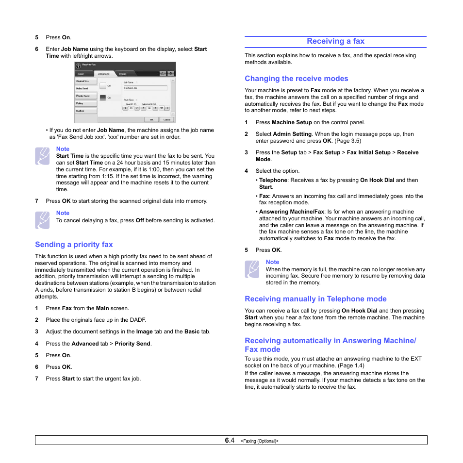 Sending a priority fax, Receiving a fax, Changing the receive modes | Receiving manually in telephone mode | Samsung CLX-8380ND User Manual | Page 55 / 187