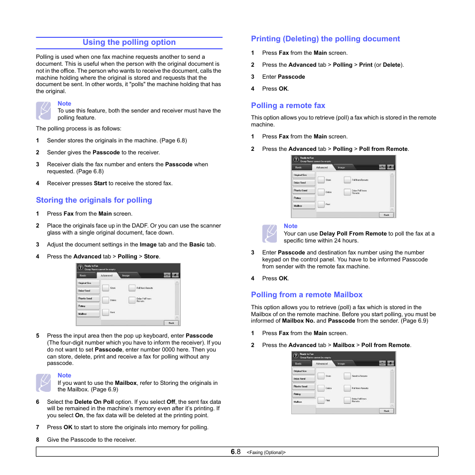 Using the polling option, Storing the originals for polling, Printing (deleting) the polling document | Polling a remote fax, Polling from a remote mailbox | Samsung CLX-8380ND User Manual | Page 59 / 187