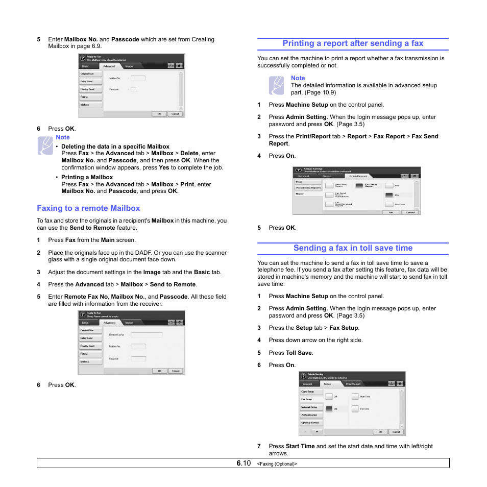 Faxing to a remote mailbox, Printing a report after sending a fax, Sending a fax in toll save time | Samsung CLX-8380ND User Manual | Page 61 / 187