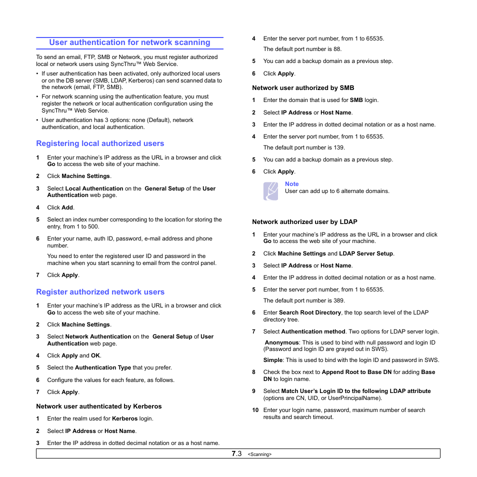 User authentication for network scanning, Registering local authorized users, Register authorized network users | Samsung CLX-8380ND User Manual | Page 66 / 187