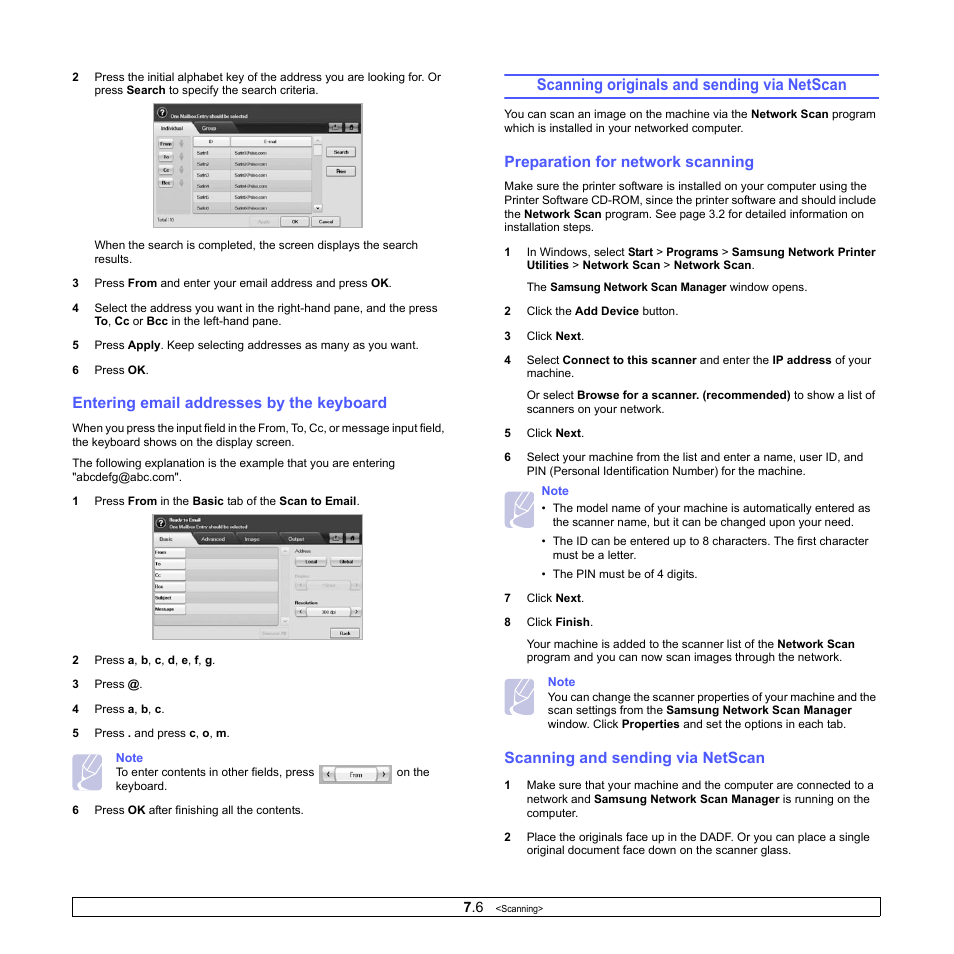 Entering email addresses by the keyboard, Scanning originals and sending via netscan, Preparation for network scanning | Scanning and sending via netscan | Samsung CLX-8380ND User Manual | Page 69 / 187