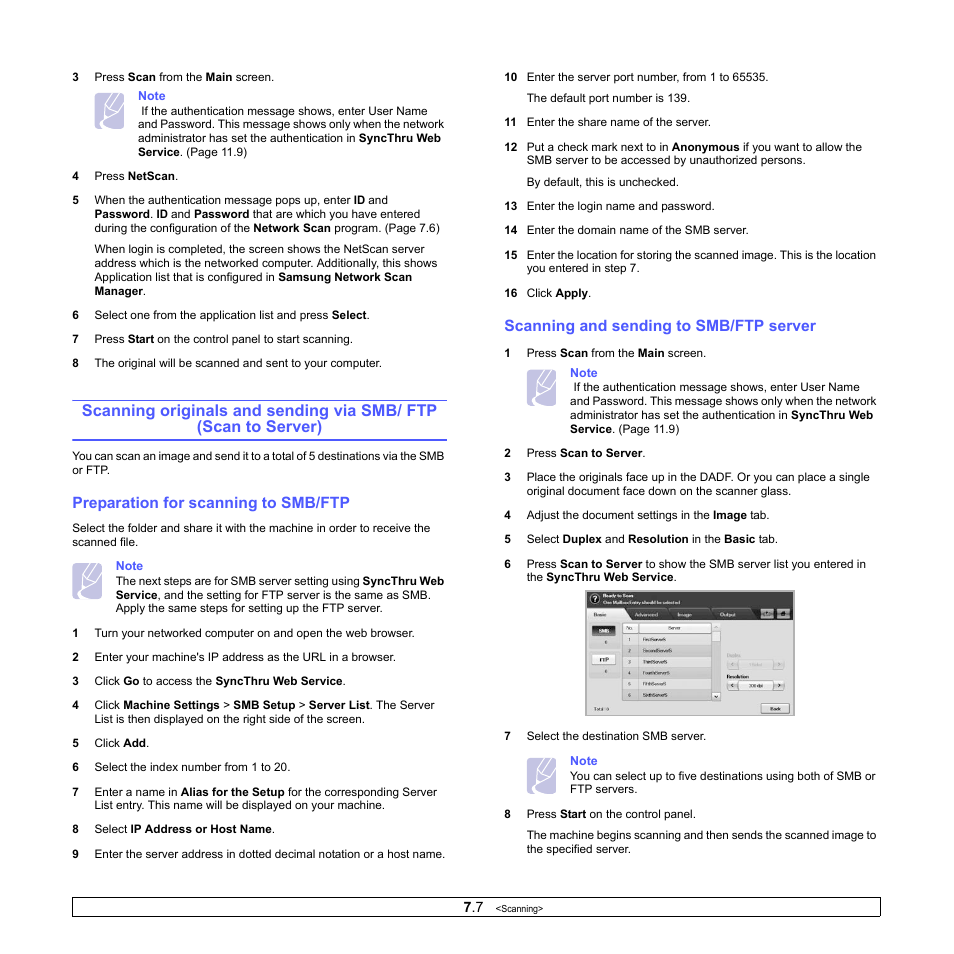 Preparation for scanning to smb/ftp, Scanning and sending to smb/ftp server | Samsung CLX-8380ND User Manual | Page 70 / 187