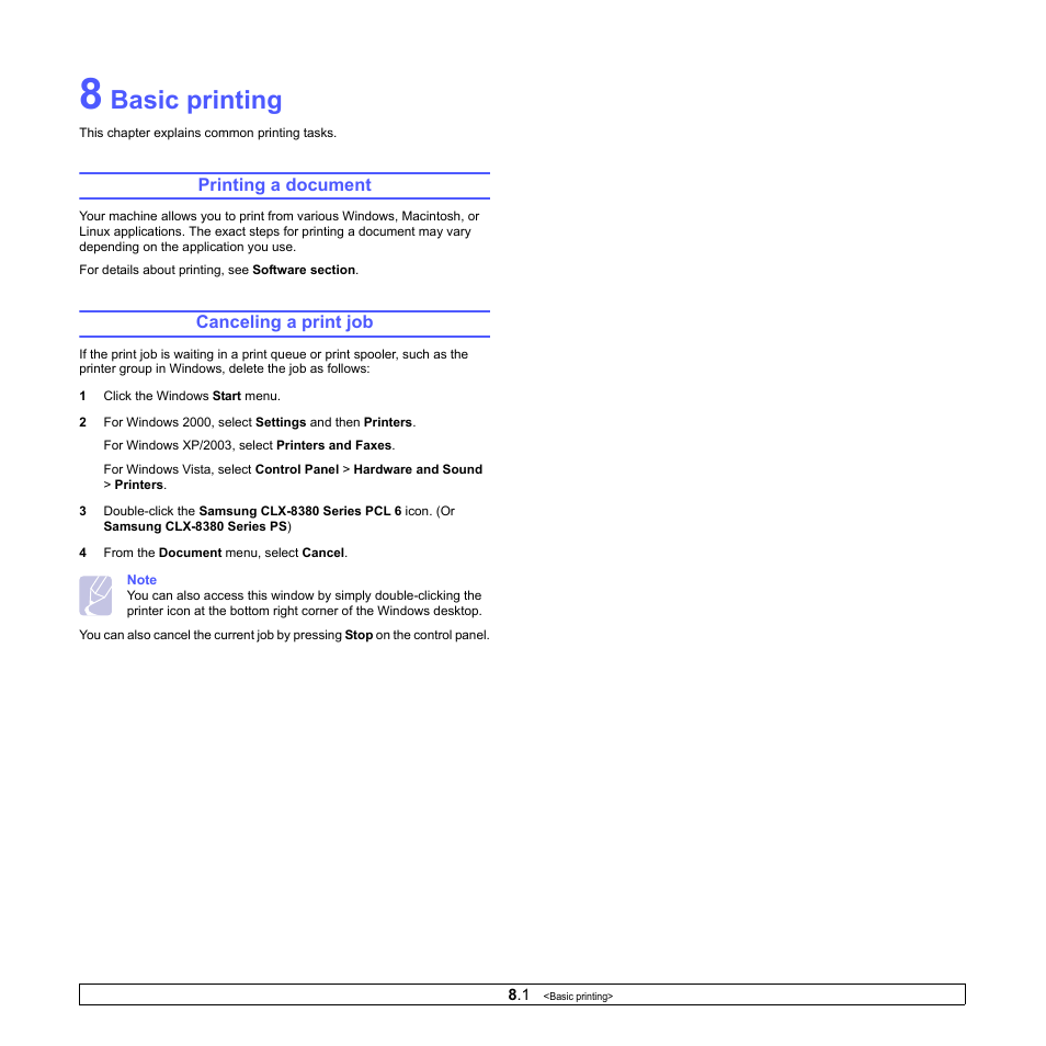 Basic printing, Printing a document, Canceling a print job | Printing a document canceling a print job | Samsung CLX-8380ND User Manual | Page 73 / 187