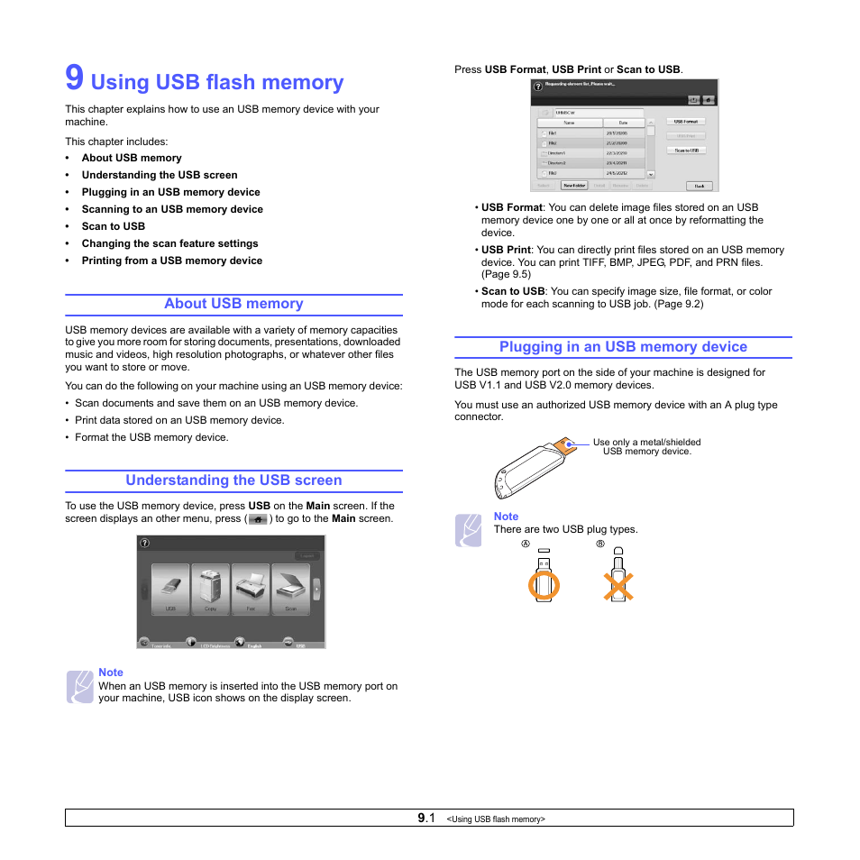 Using usb flash memory, About usb memory, Understanding the usb screen | Plugging in an usb memory device | Samsung CLX-8380ND User Manual | Page 74 / 187