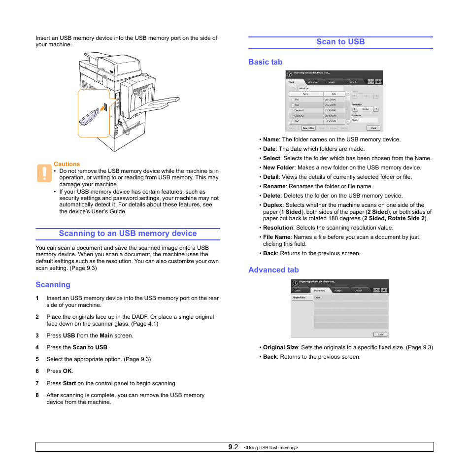 Scanning to an usb memory device, Scanning, Scan to usb | Basic tab, Advanced tab, Basic tab advanced tab | Samsung CLX-8380ND User Manual | Page 75 / 187