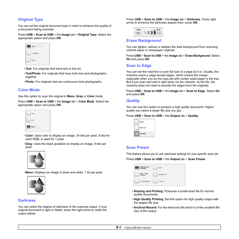 Original type, Color mode, Darkness | Erase background, Scan to edge, Quality, Scan preset | Samsung CLX-8380ND User Manual | Page 77 / 187