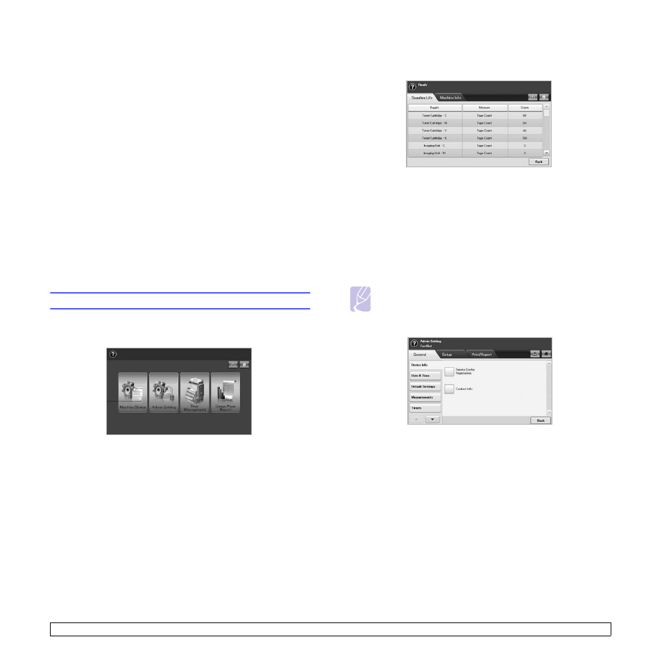 Machine status and advanced setup, Machine setup, Machine status screen | Admin setting screen, Machine status screen admin setting screen | Samsung CLX-8380ND User Manual | Page 79 / 187