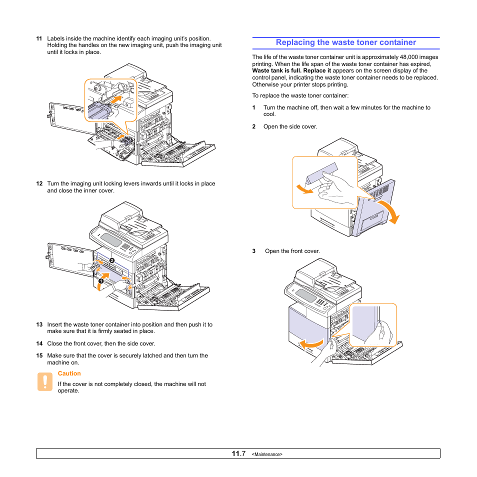 Replacing the waste toner container, E 11.7) | Samsung CLX-8380ND User Manual | Page 94 / 187