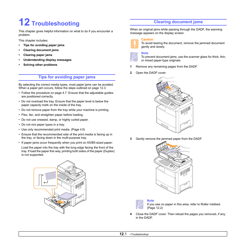 Troubleshooting, Tips for avoiding paper jams, Clearing document jams | 1) if the probl | Samsung CLX-8380ND User Manual | Page 97 / 187