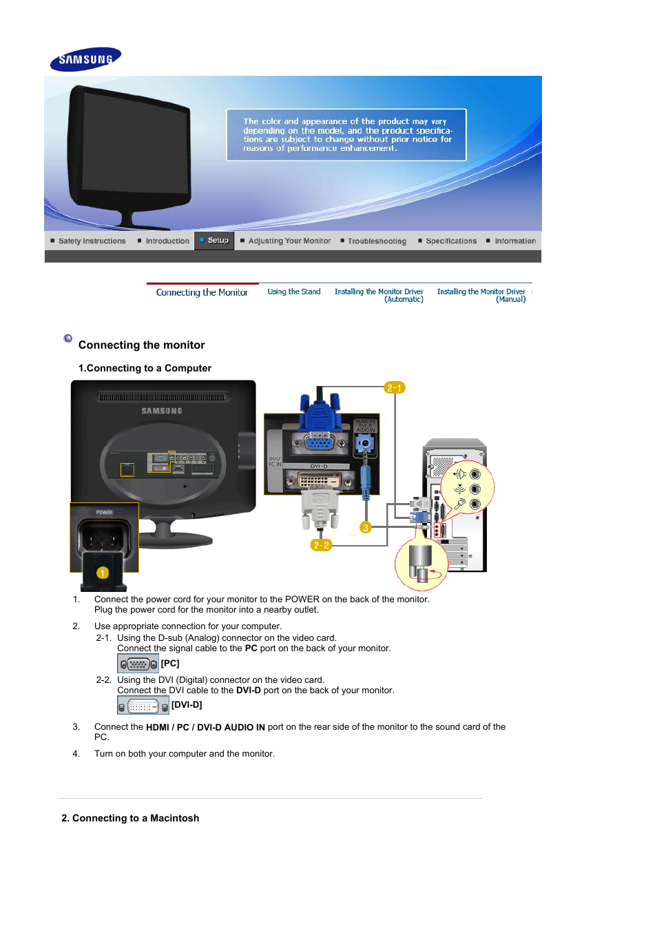 Setup, Connecting the monitor | Samsung 2032MW User Manual | Page 19 / 67