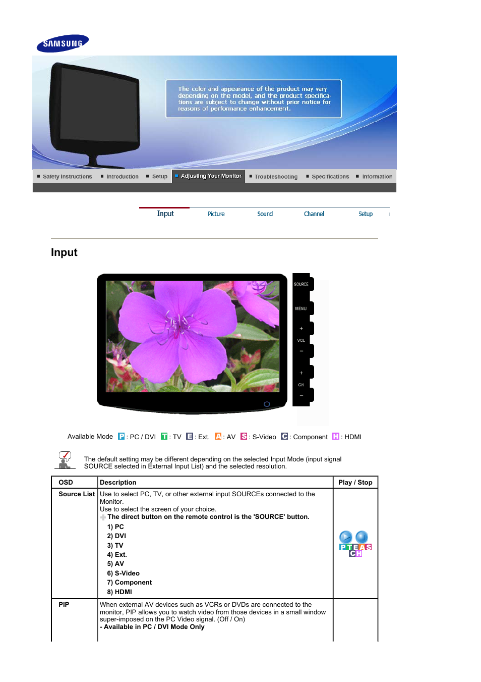 Adjusting your monitor, Input | Samsung 2032MW User Manual | Page 31 / 67