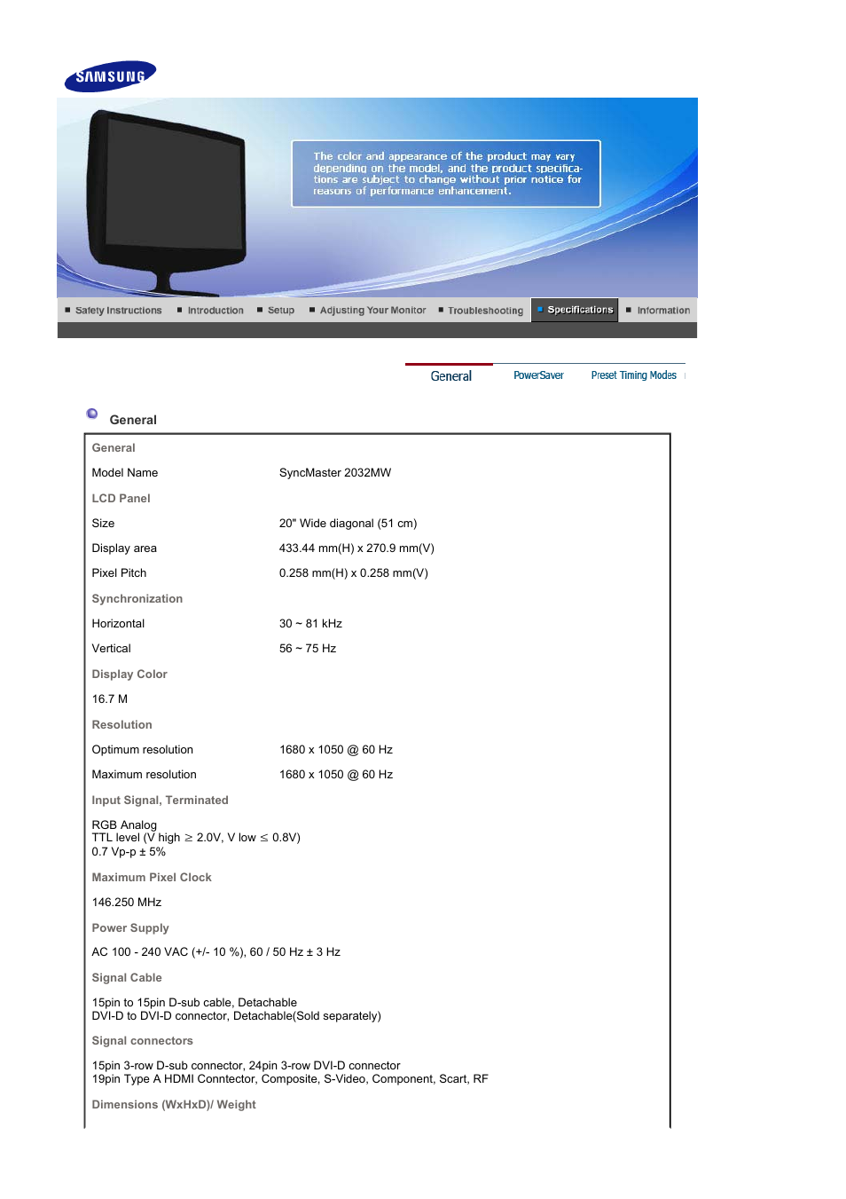 Syncmaster 2032mw, General | Samsung 2032MW User Manual | Page 52 / 67