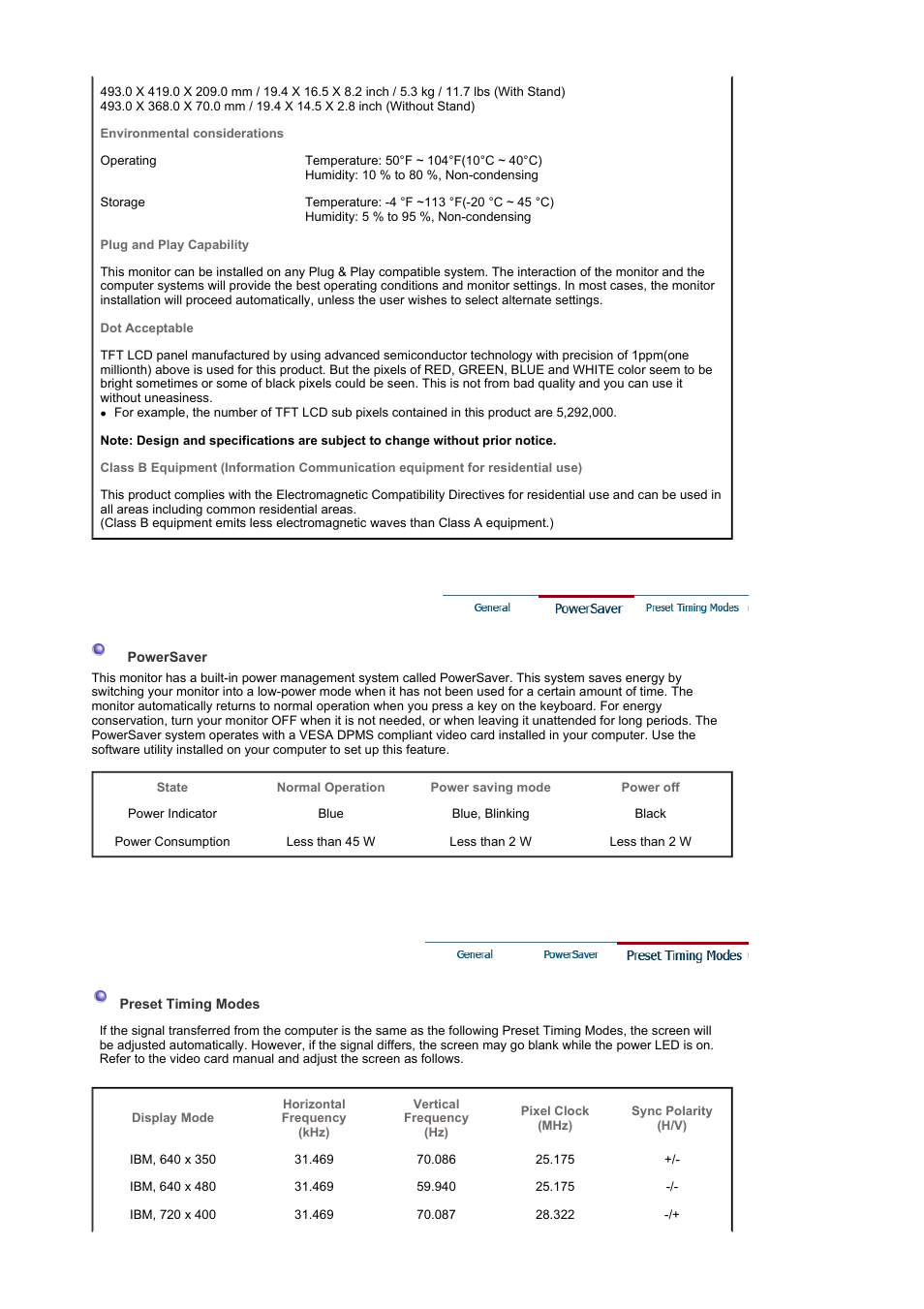 Powersaver, Preset timing modes | Samsung 2032MW User Manual | Page 53 / 67