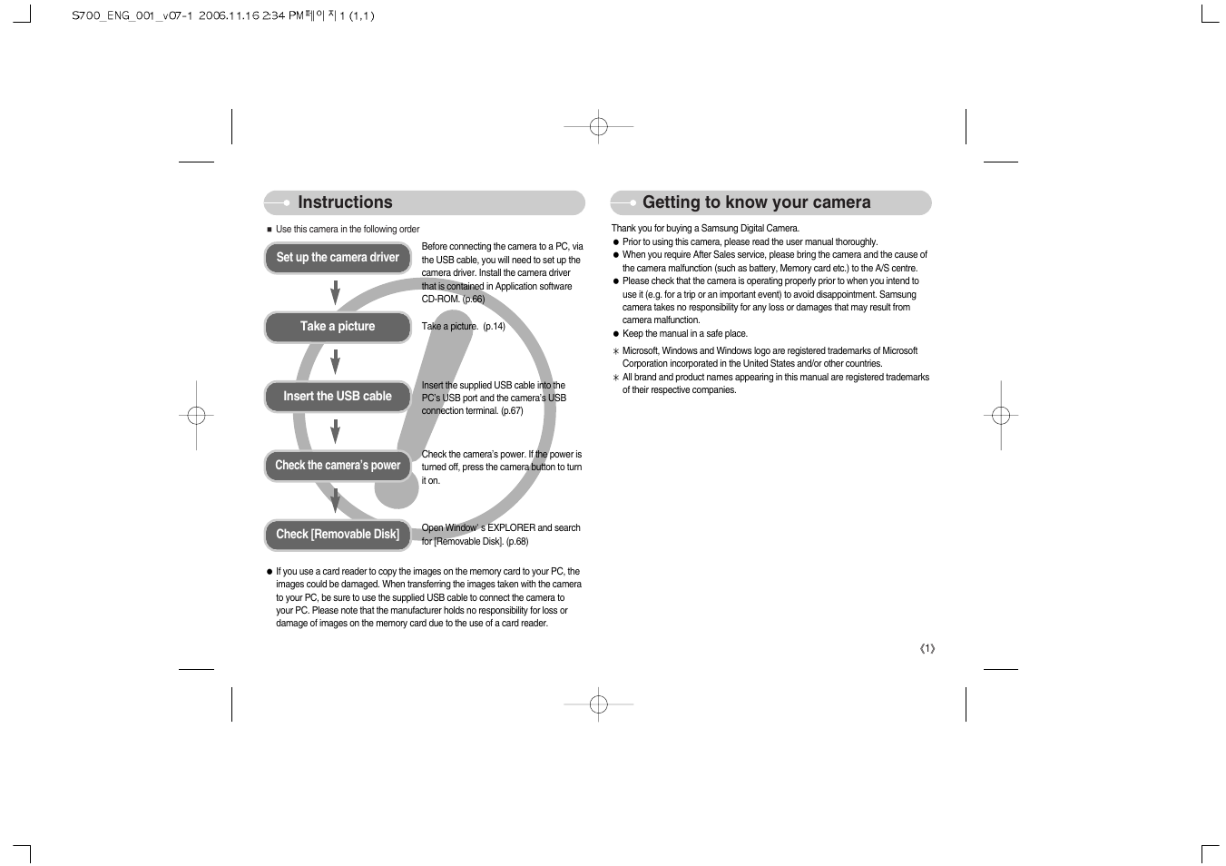 Instructions getting to know your camera | Samsung Digimax S700 User Manual | Page 2 / 78