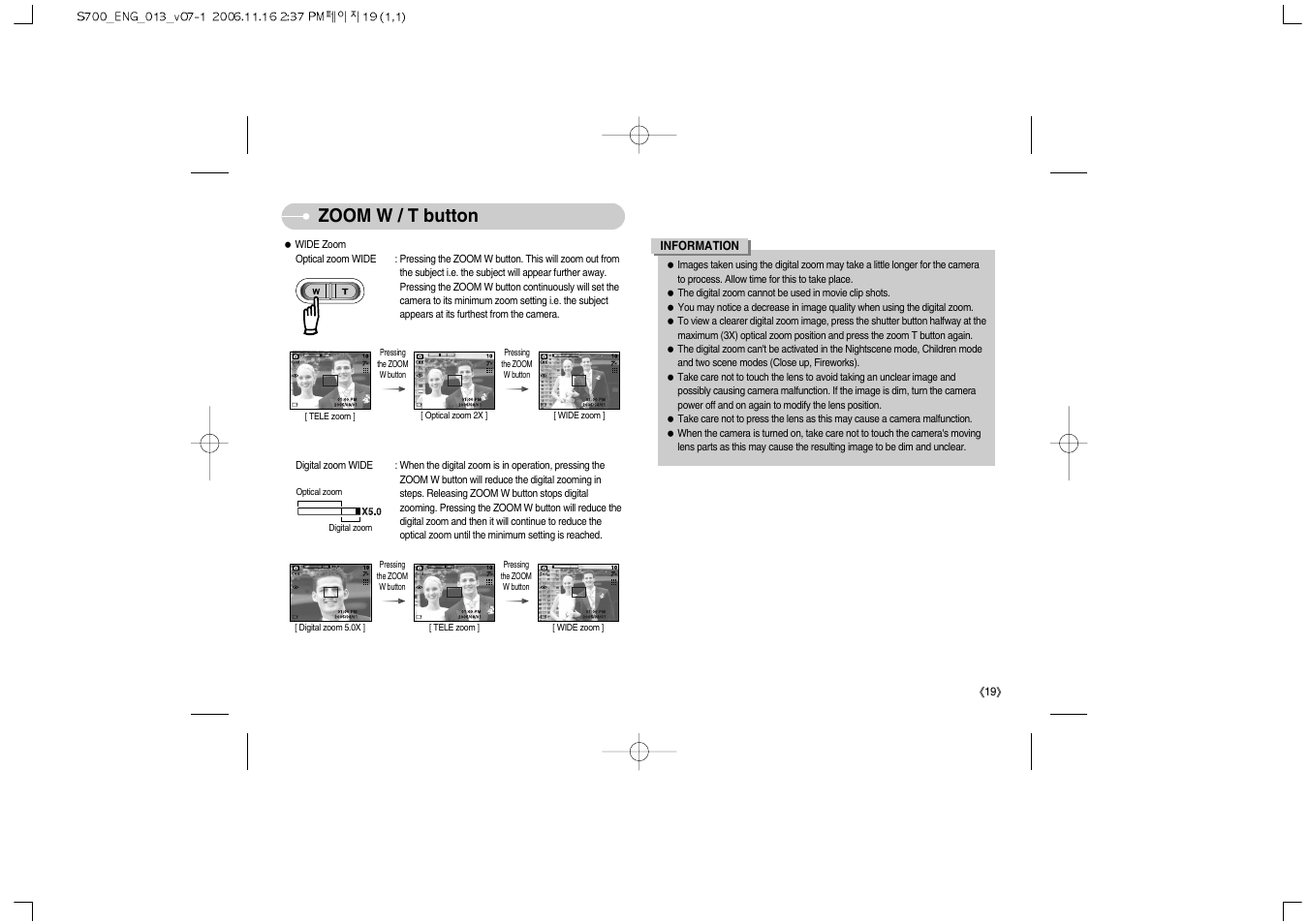 Zoom w / t button | Samsung Digimax S700 User Manual | Page 20 / 78