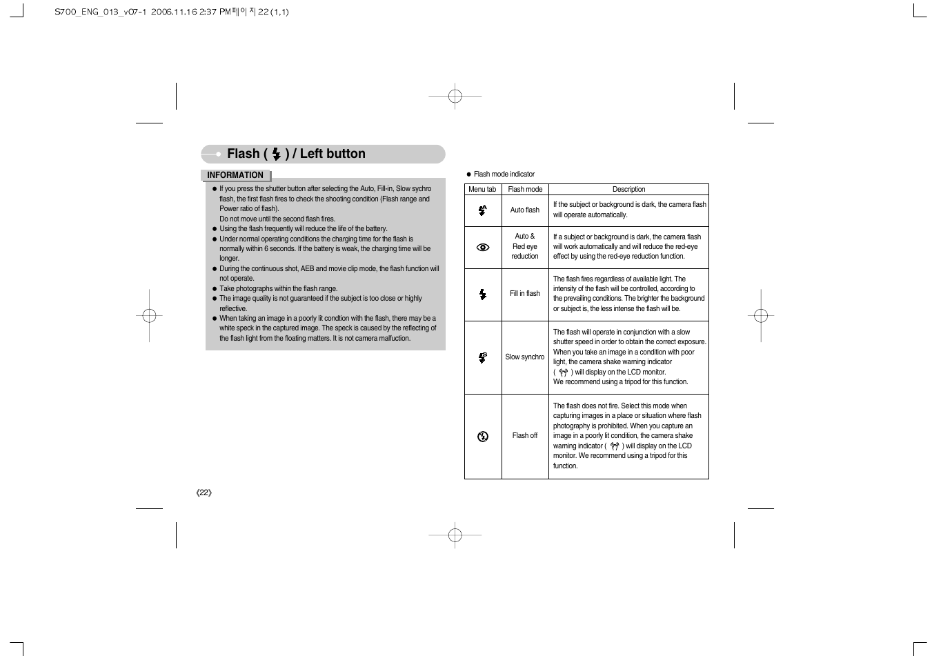 Flash ( ) / left button | Samsung Digimax S700 User Manual | Page 23 / 78