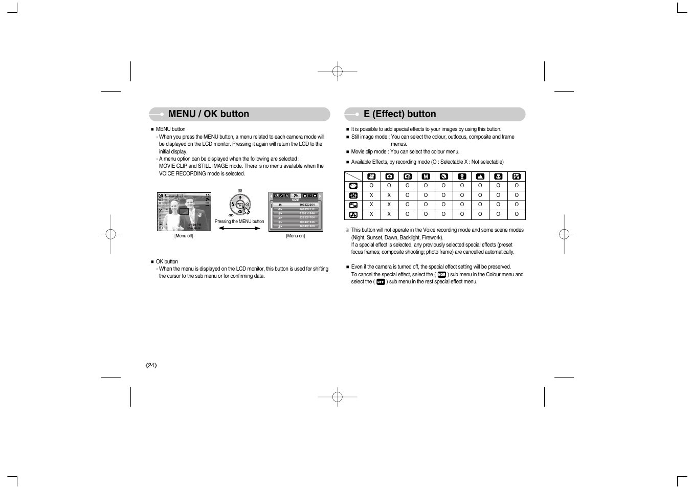 Menu / ok button e (effect) button | Samsung Digimax S700 User Manual | Page 25 / 78