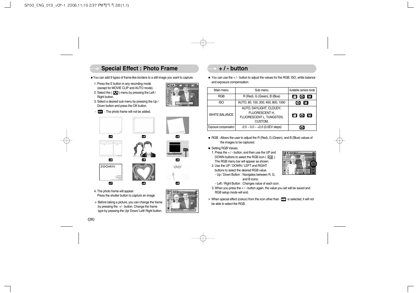 Special effect : photo frame + / - button | Samsung Digimax S700 User Manual | Page 29 / 78