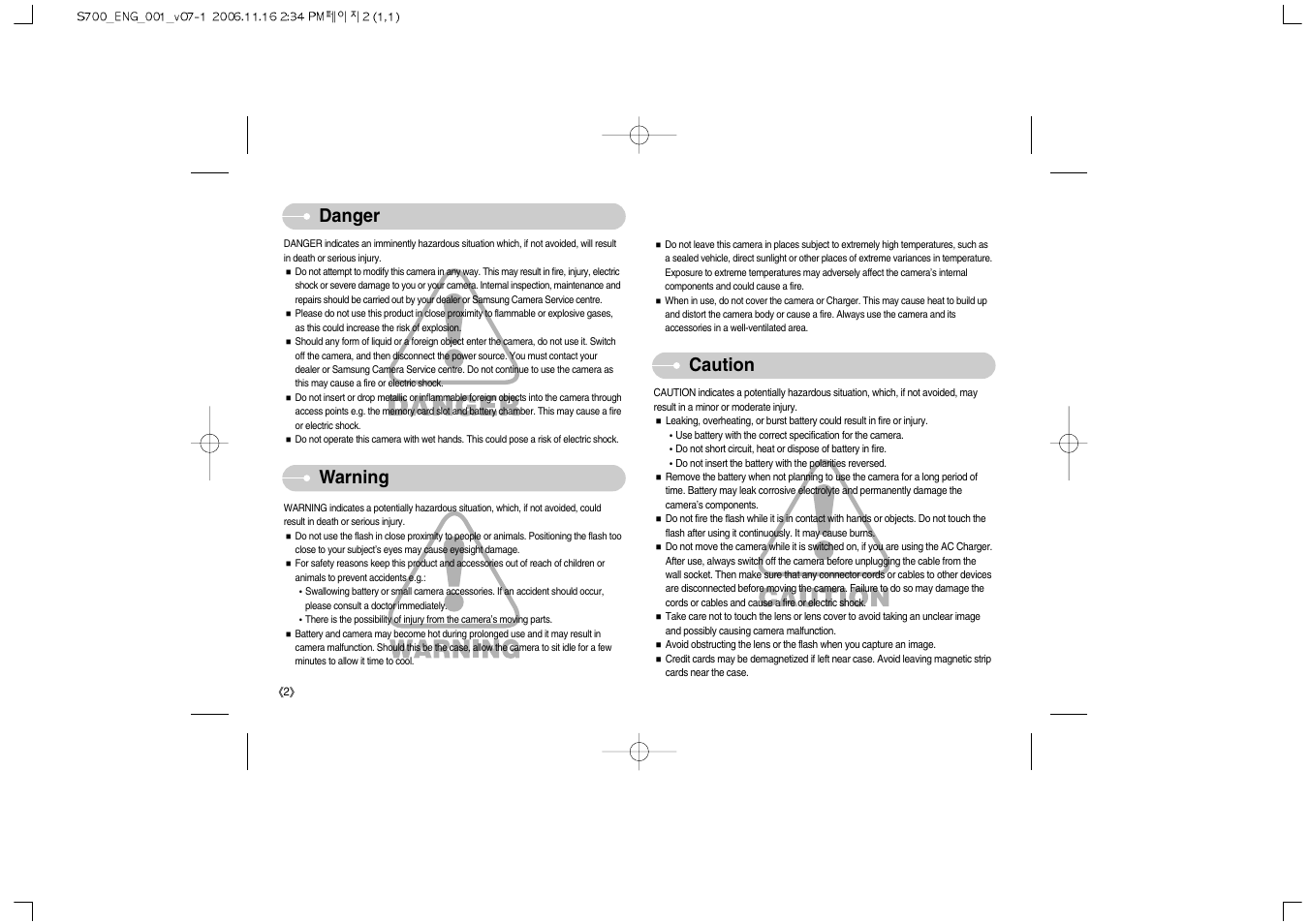 Danger warning, Caution | Samsung Digimax S700 User Manual | Page 3 / 78