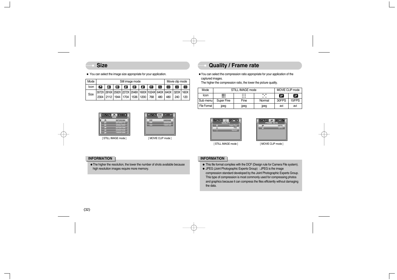 Size quality / frame rate | Samsung Digimax S700 User Manual | Page 33 / 78