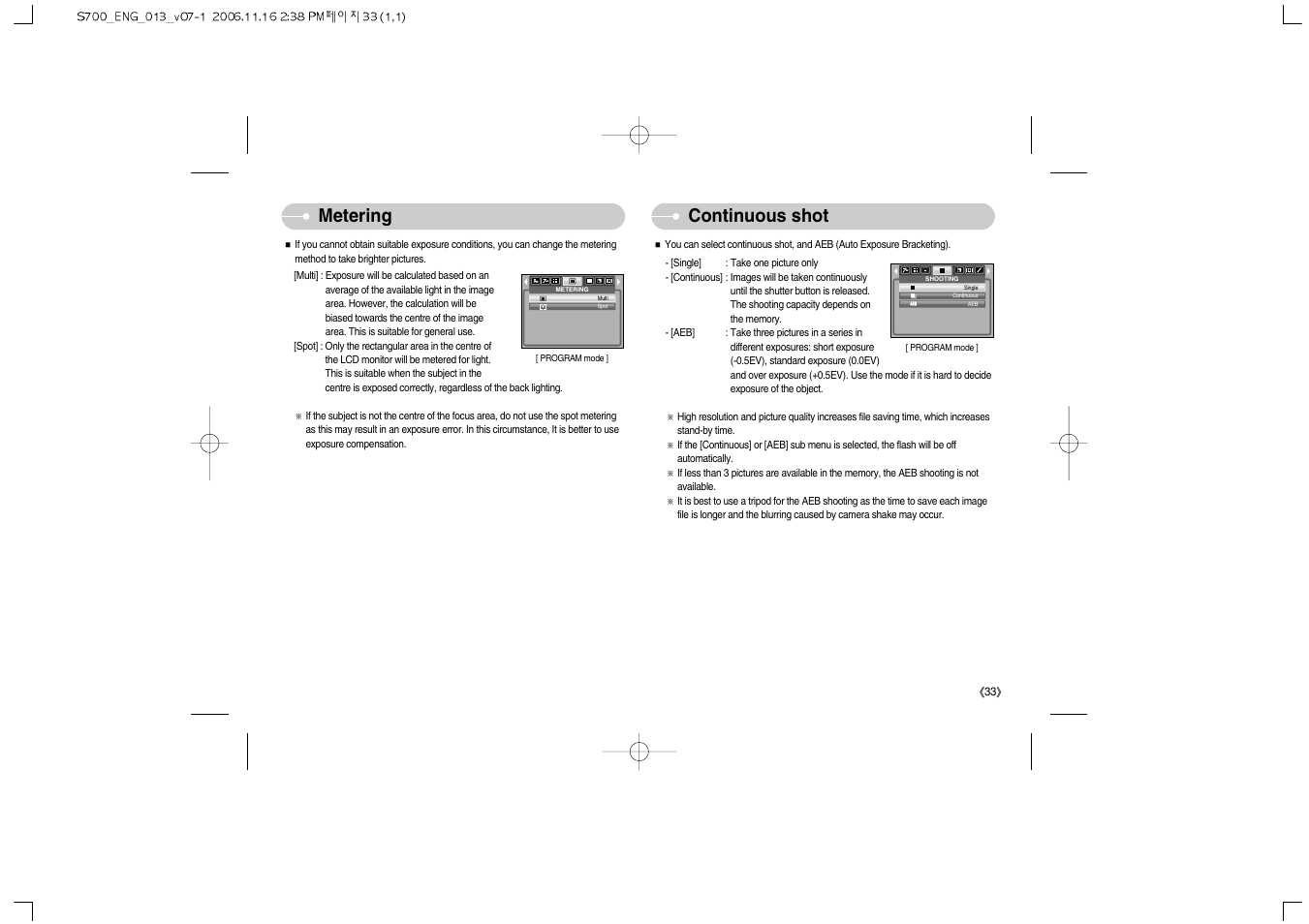 Metering continuous shot | Samsung Digimax S700 User Manual | Page 34 / 78