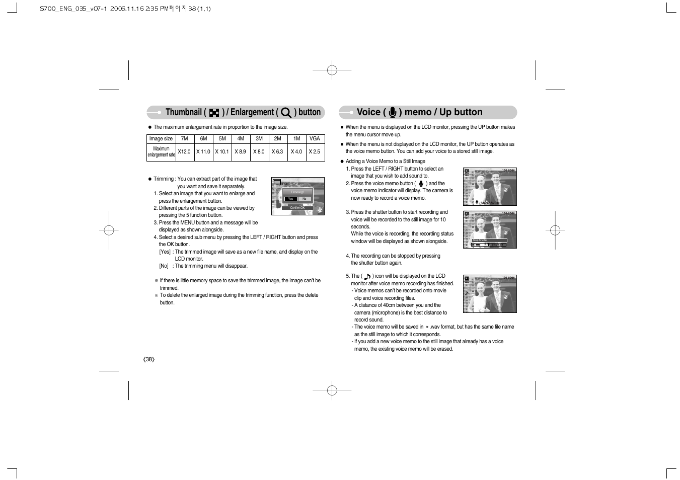 Thumbnail ( ) / enlargement ( ) button | Samsung Digimax S700 User Manual | Page 39 / 78