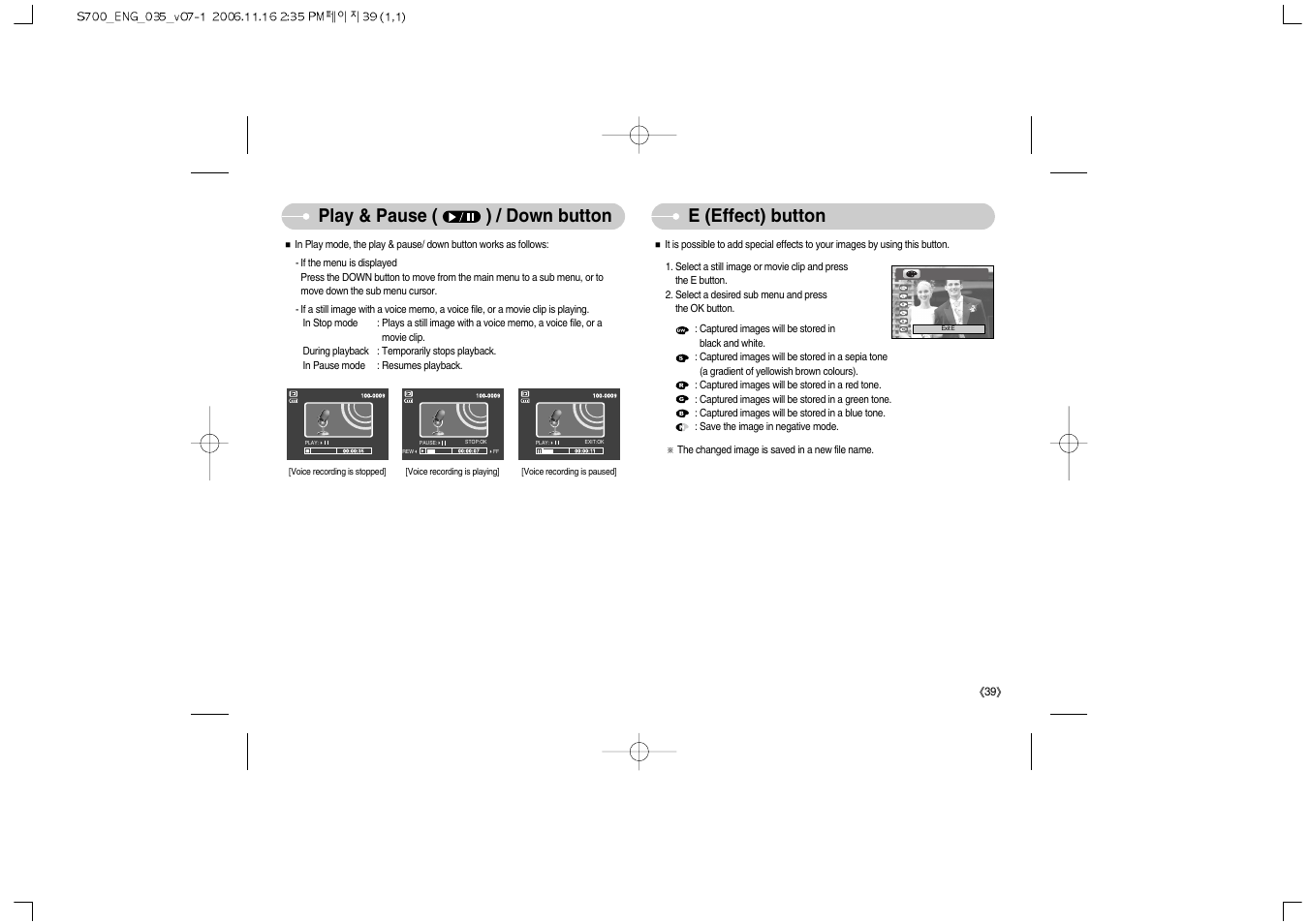 Play & pause ( ) / down button e (effect) button | Samsung Digimax S700 User Manual | Page 40 / 78