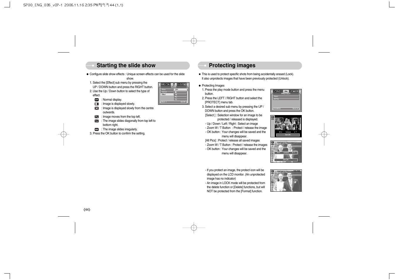 Starting the slide show protecting images | Samsung Digimax S700 User Manual | Page 45 / 78
