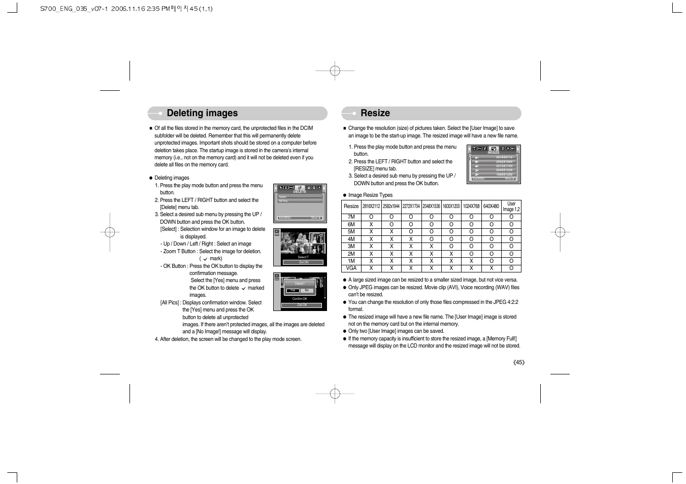 Deleting images resize | Samsung Digimax S700 User Manual | Page 46 / 78