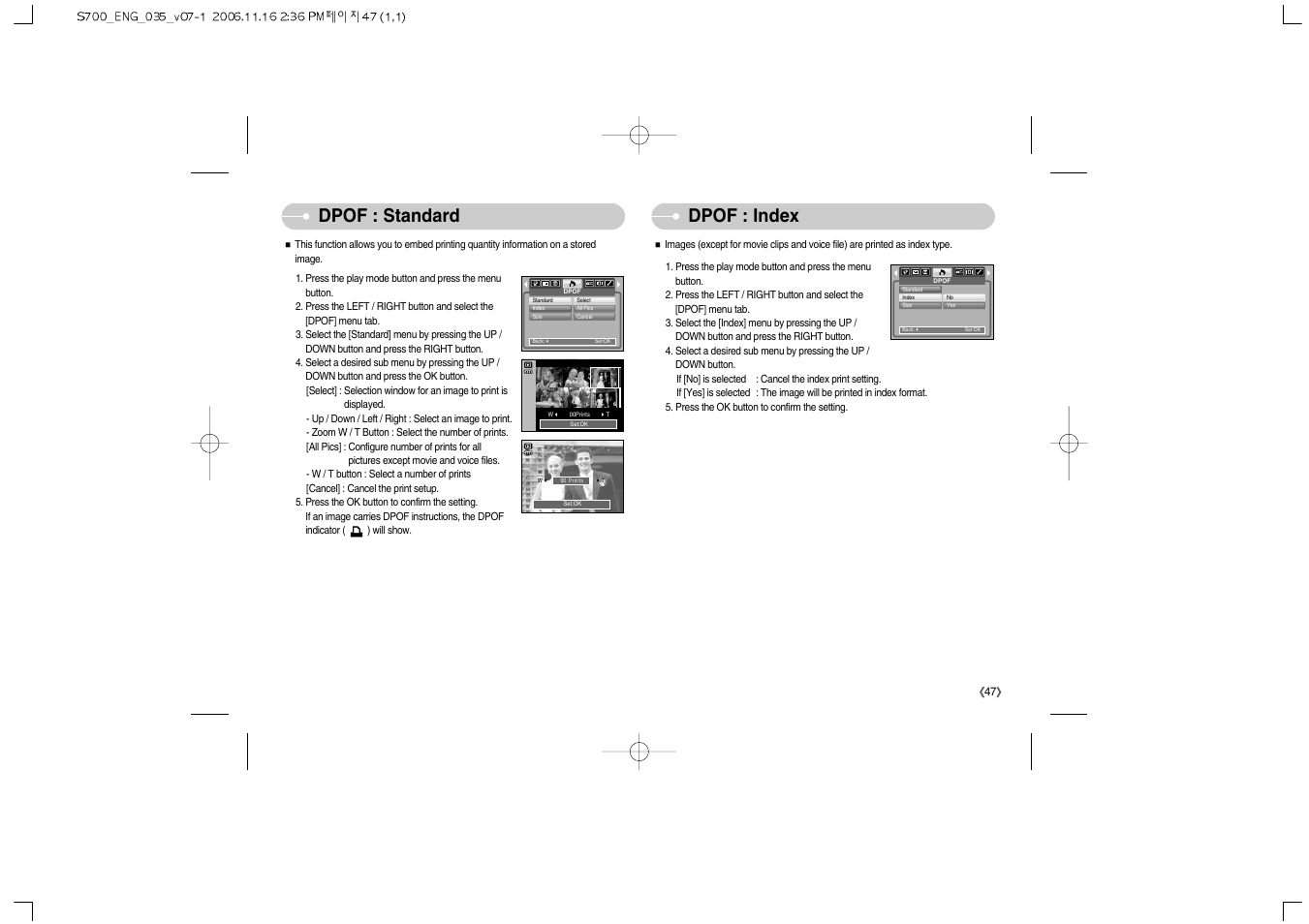 Dpof : standard dpof : index | Samsung Digimax S700 User Manual | Page 48 / 78