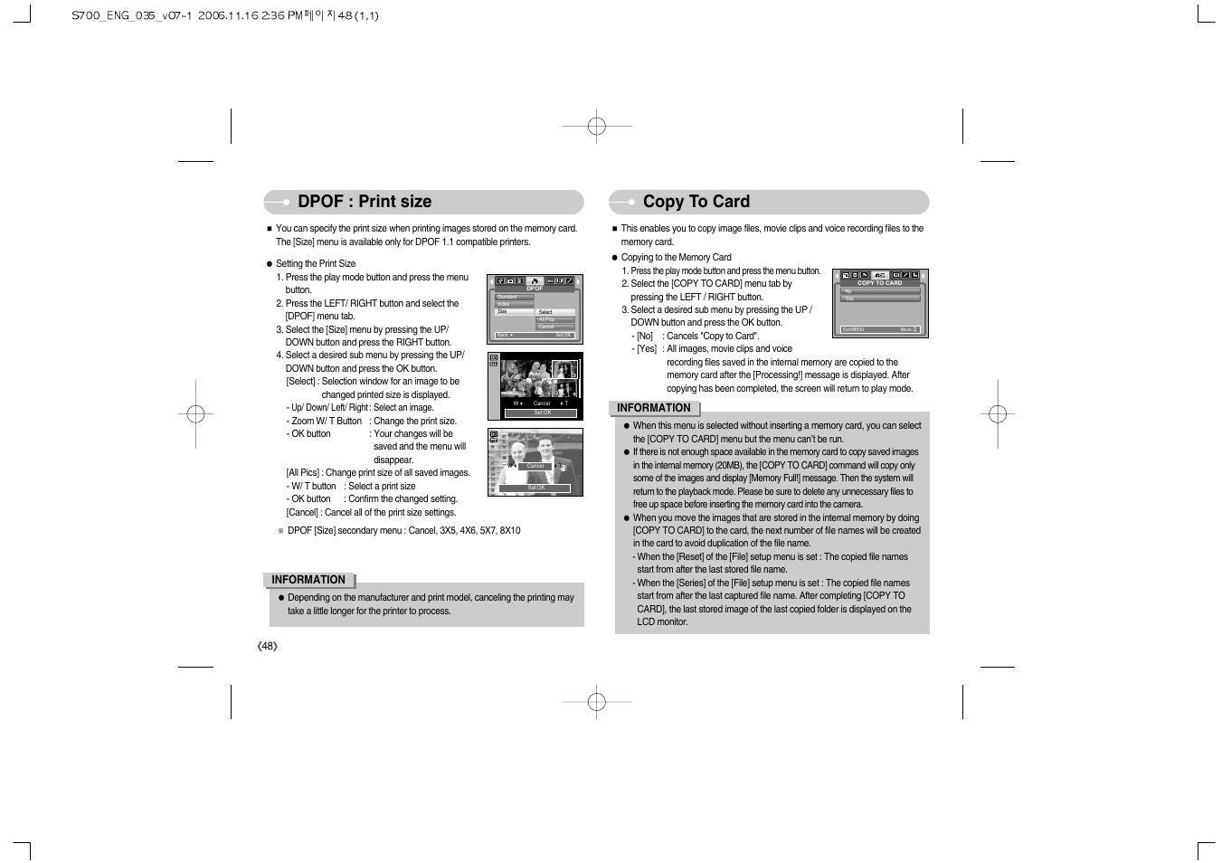 Dpof : print size copy to card | Samsung Digimax S700 User Manual | Page 49 / 78
