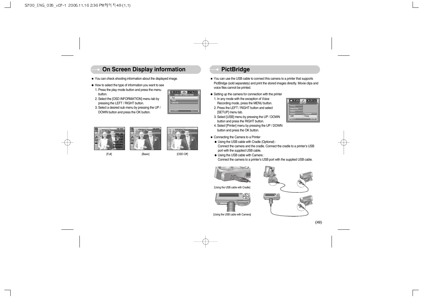 On screen display information pictbridge | Samsung Digimax S700 User Manual | Page 50 / 78