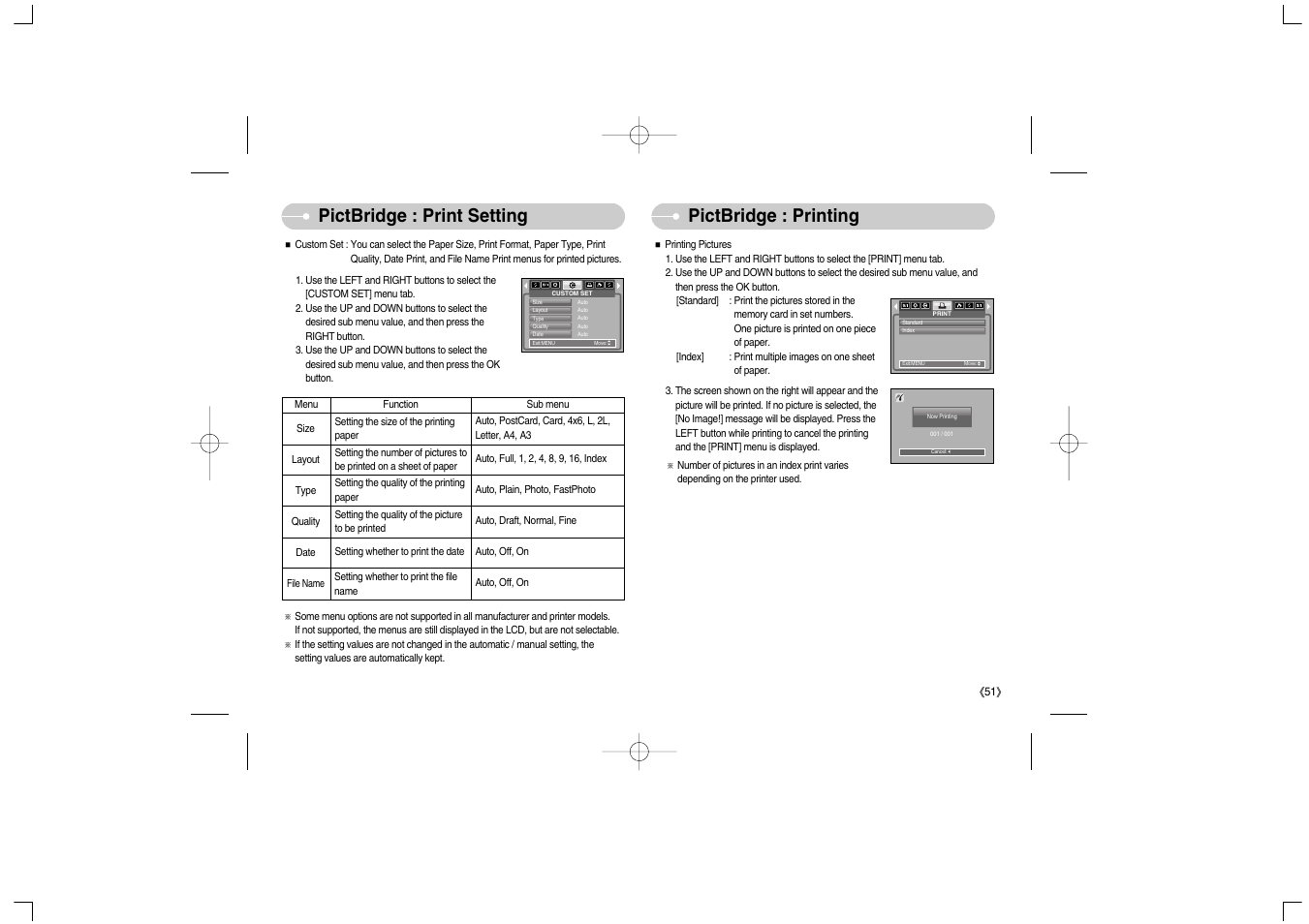 Pictbridge : print setting pictbridge : printing | Samsung Digimax S700 User Manual | Page 52 / 78