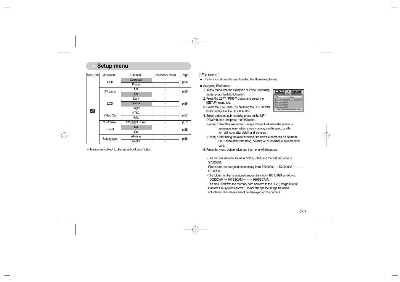 Setup menu | Samsung Digimax S700 User Manual | Page 54 / 78