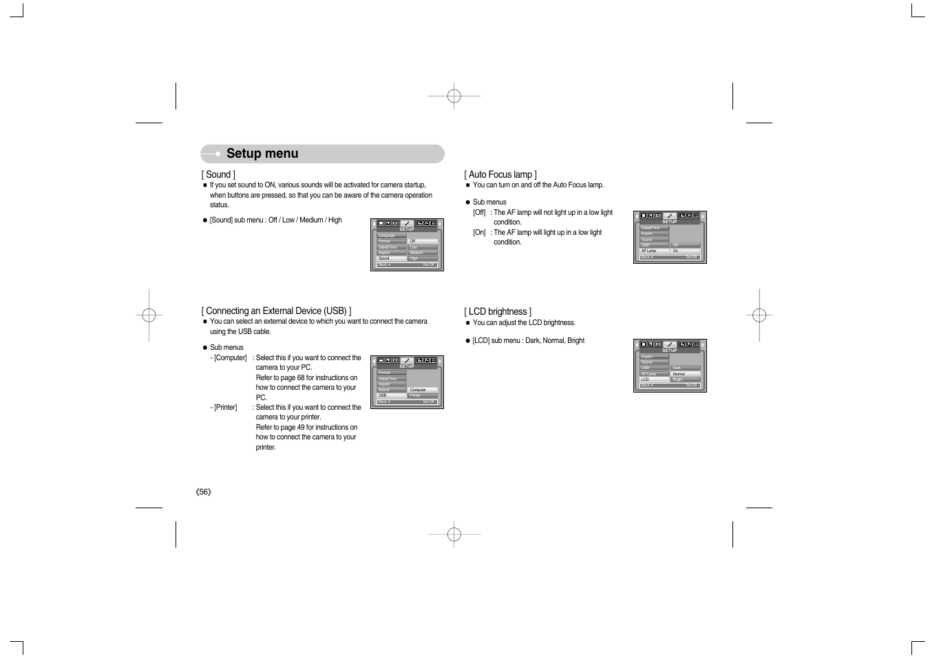 Setup menu, Sound, Connecting an external device (usb) | Auto focus lamp, Lcd brightness | Samsung Digimax S700 User Manual | Page 57 / 78