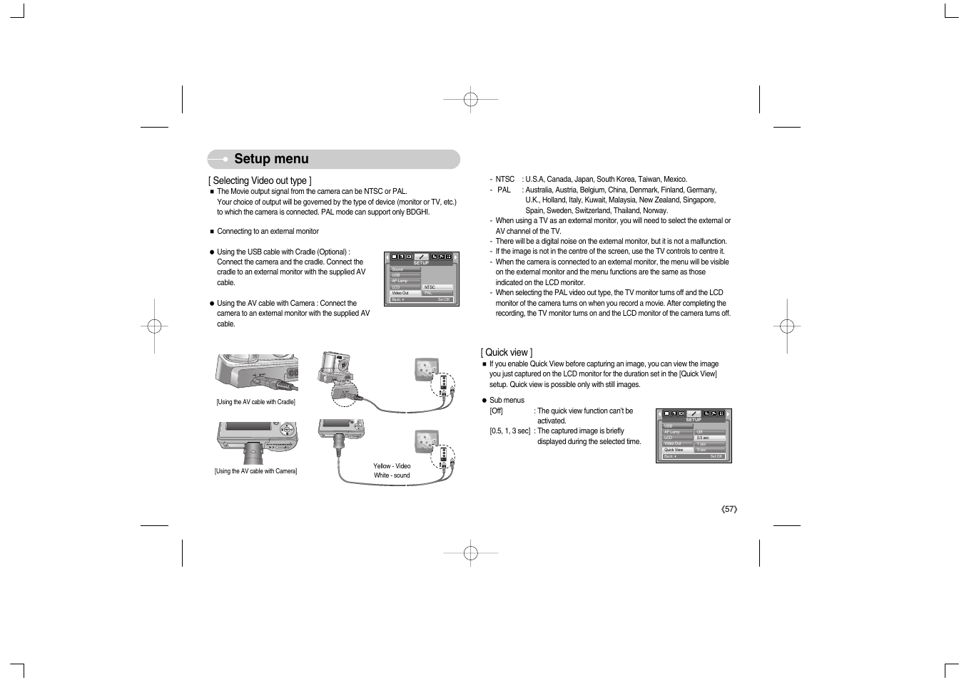 Setup menu, Selecting video out type, Quick view | Samsung Digimax S700 User Manual | Page 58 / 78