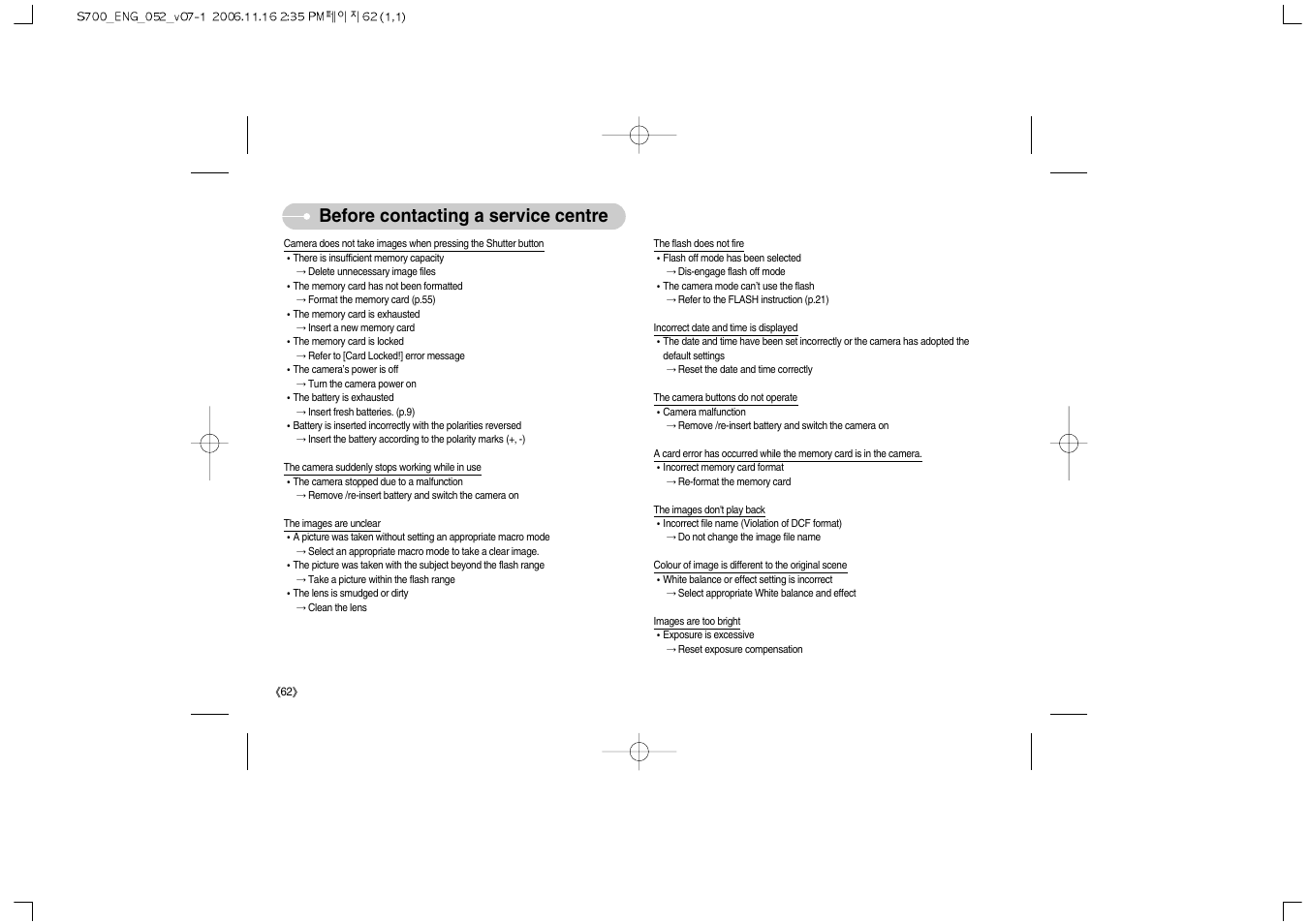 Before contacting a service centre | Samsung Digimax S700 User Manual | Page 63 / 78